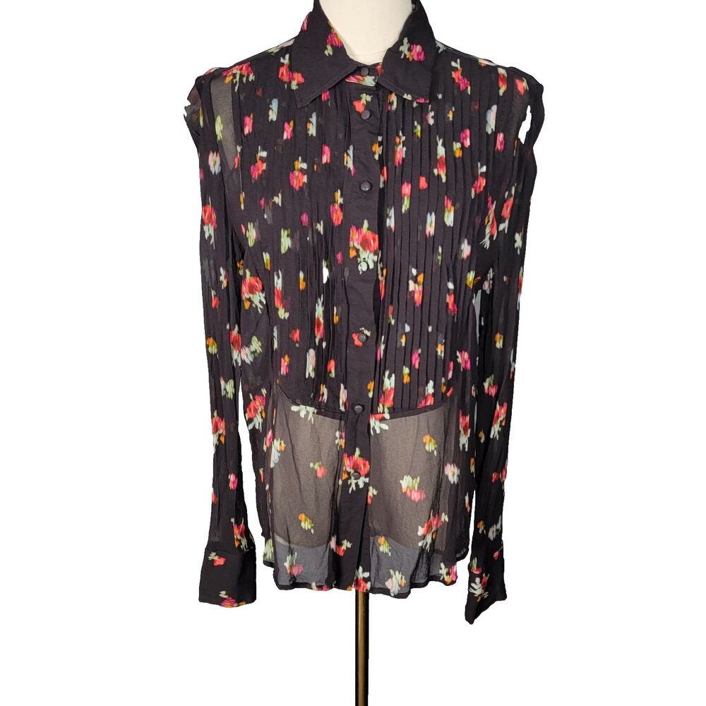 Hill House Blouse M The Mellie Top Black Ikat Georgette Pinktuck Tuxedo Sheer